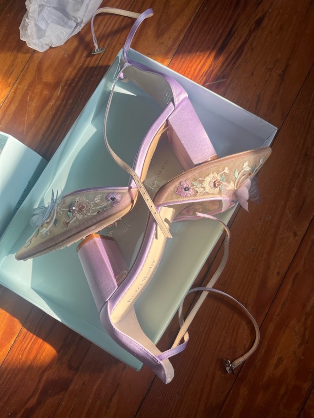 Bella Belle Lilac Ankle-Strap Block Heels with Butterfly Appliqué - Picture 16 of 17